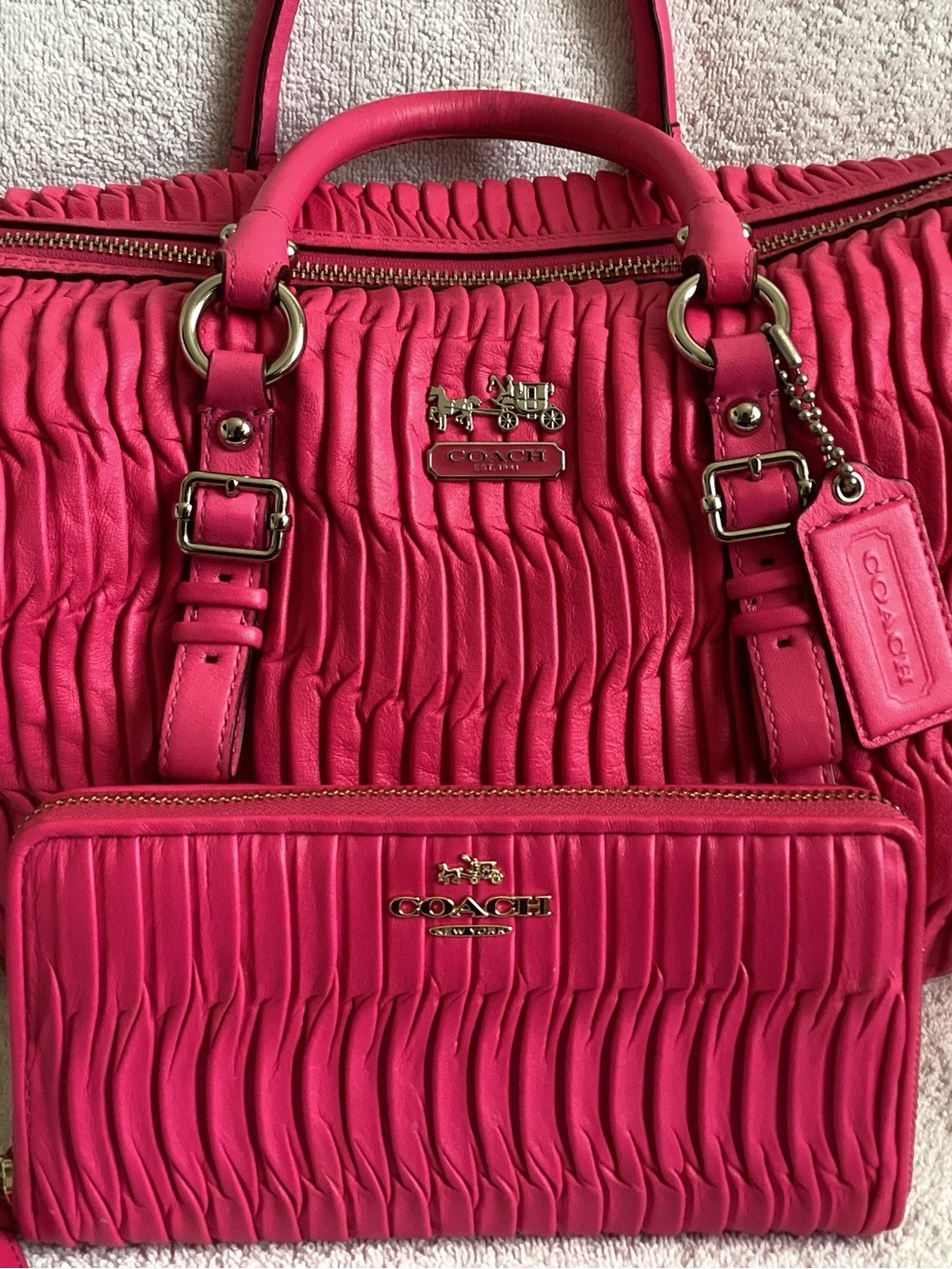 Coach Madison Gathered Hot Pink Leather Juliet Bag 21280 Zip Wallet 53982 NWOT